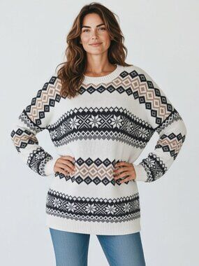 Hollister Fair Isle Snowflake Crewneck Sweater Drop Shoulder Oversized Fit L